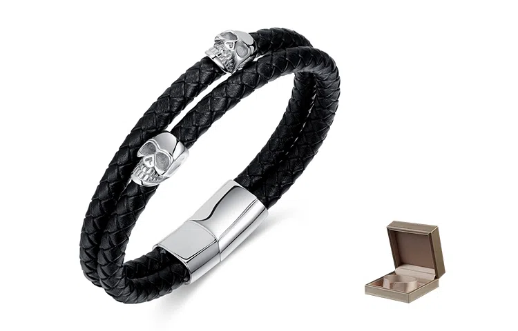 肯默钛钢骷髅头手链 朋克风手环 双层编织皮 简约磁吸开口 男款
