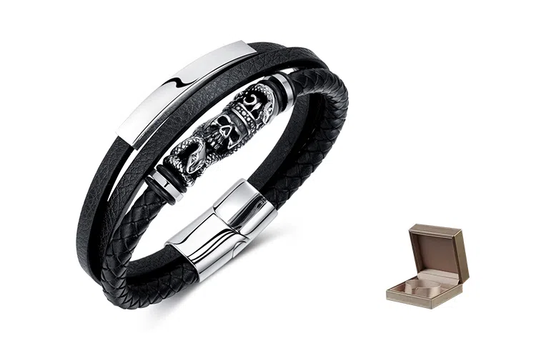 肯默钛钢骷髅皇冠手链   朋克风手环 多层编织皮   简约磁吸开口 男款