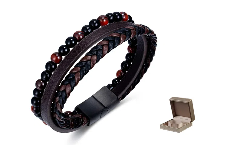 肯默多层皮绳手链 朋克风手环 编织皮  钛钢简约磁吸开口 男款