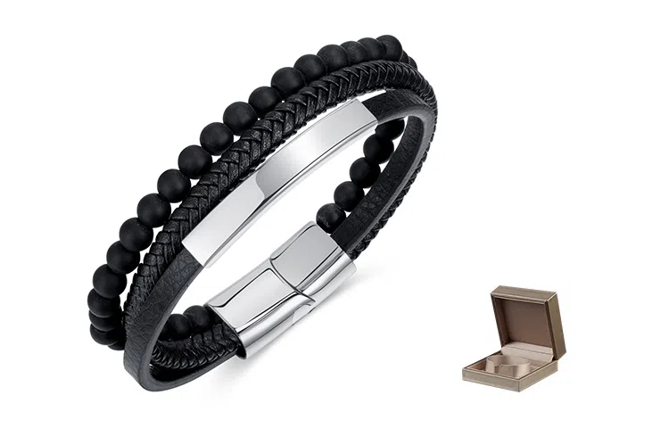 肯默钛钢串珠手链 朋克风手环 多层编织皮 简约磁吸开口 男款