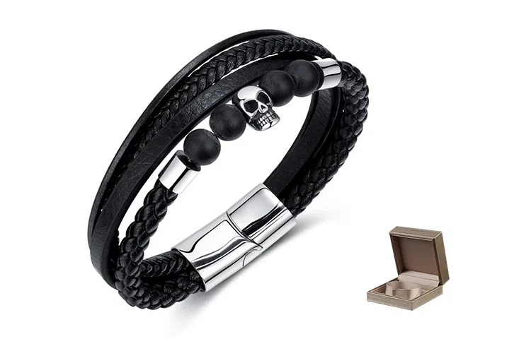 肯默钛钢嘻哈骷髅头手链 朋克风手环 多层编织皮  简约磁吸开口 男款