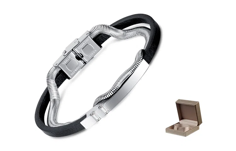 肯默钛钢蛇骨手链 个性街头手环  嘻哈双层 简约磁吸开口 男款 银黑色