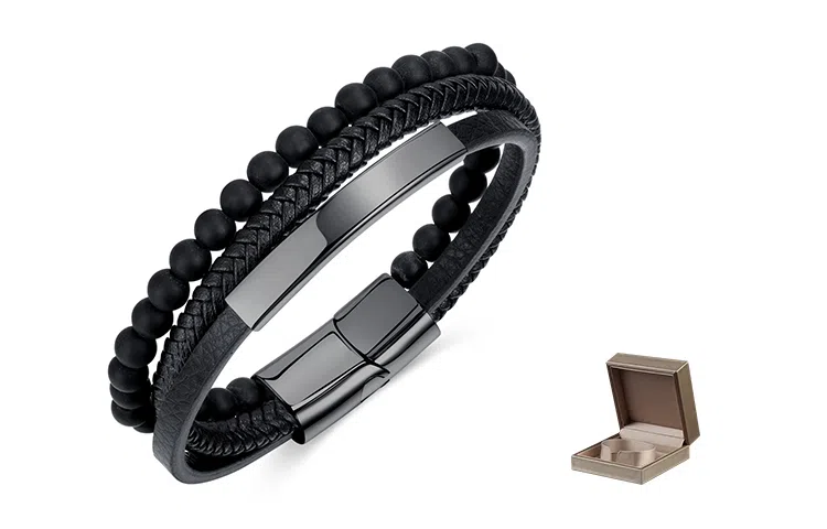 肯默钛钢串珠手链 朋克风手环 多层编织皮 简约磁吸开口 男款