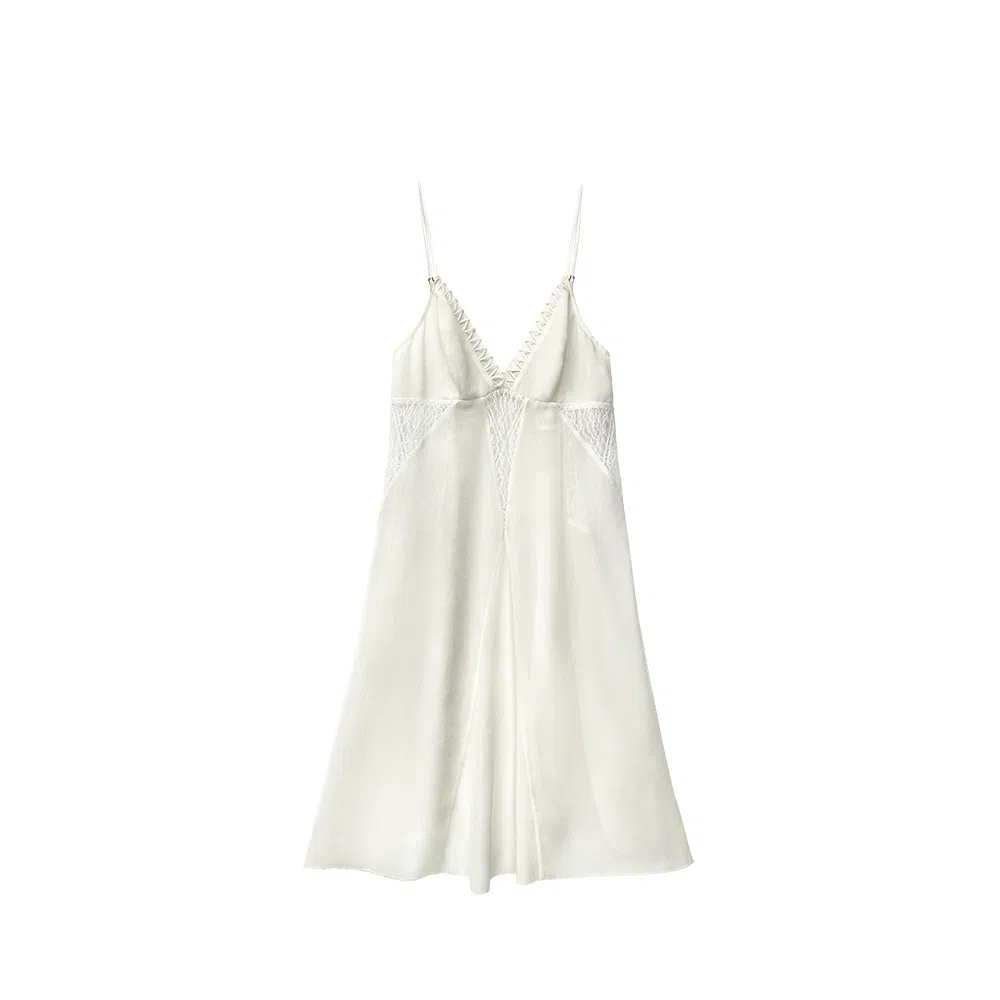 桑罗 真丝睡裙吊带轻性感蕾丝拼接无感轻盈睡衣美背浪漫吊带裙 家居吊带 女款  象牙白