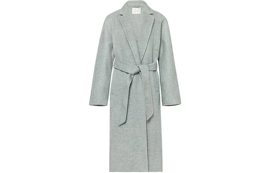 美洋 纯色混纺人字纹中长款双面呢大衣 女款 灰蓝色