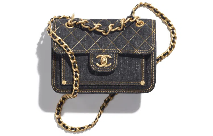 CHANEL Classic Chain Denim Messenger Bag Small Black