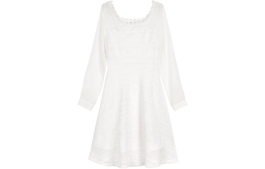 小镇姗姗 纯色蕾丝边方领长袖连衣裙 白色