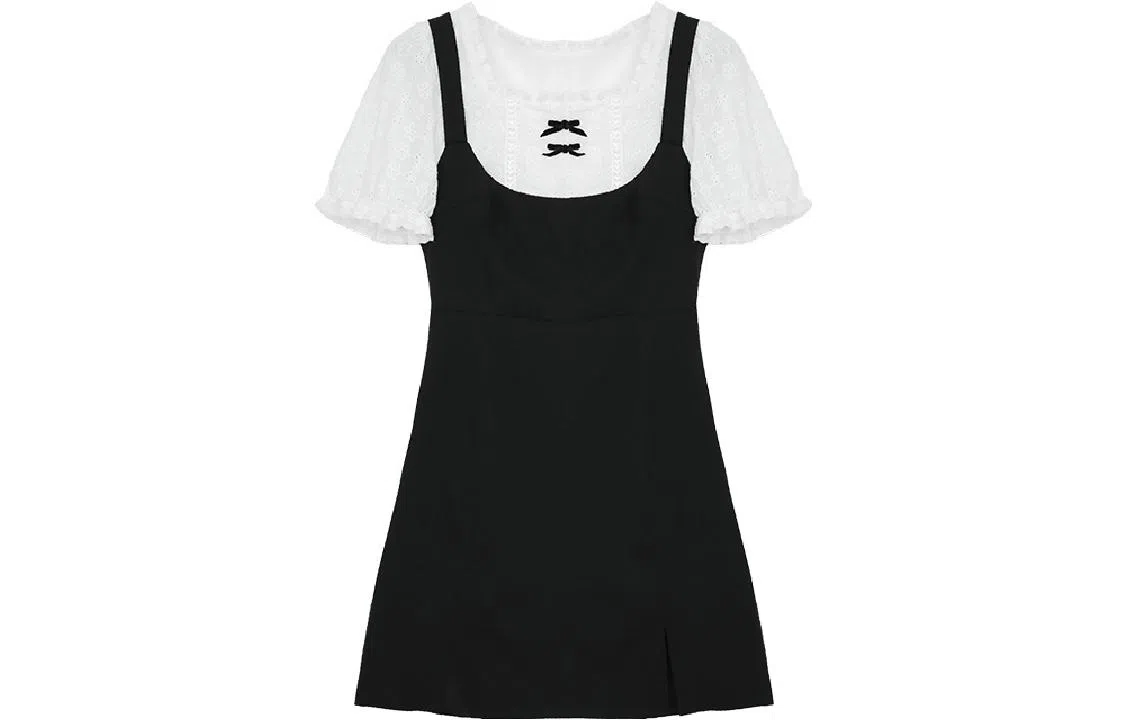 小镇姗姗 复古甜美假两件撞色短袖连衣裙 黑白