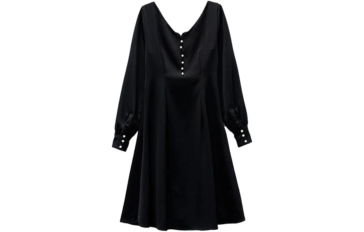 小镇姗姗 纯色灯笼长袖连衣裙