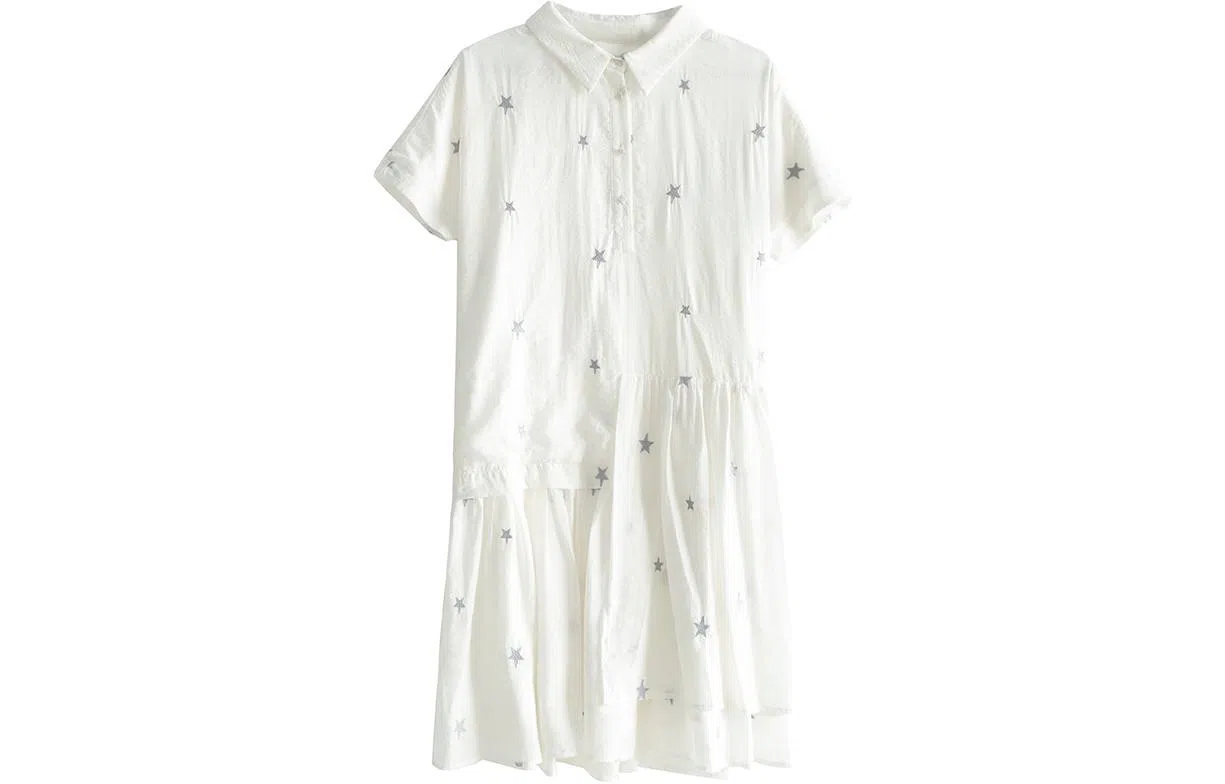 小镇姗姗 纯色方领中长款中腰短袖连衣裙 星星白