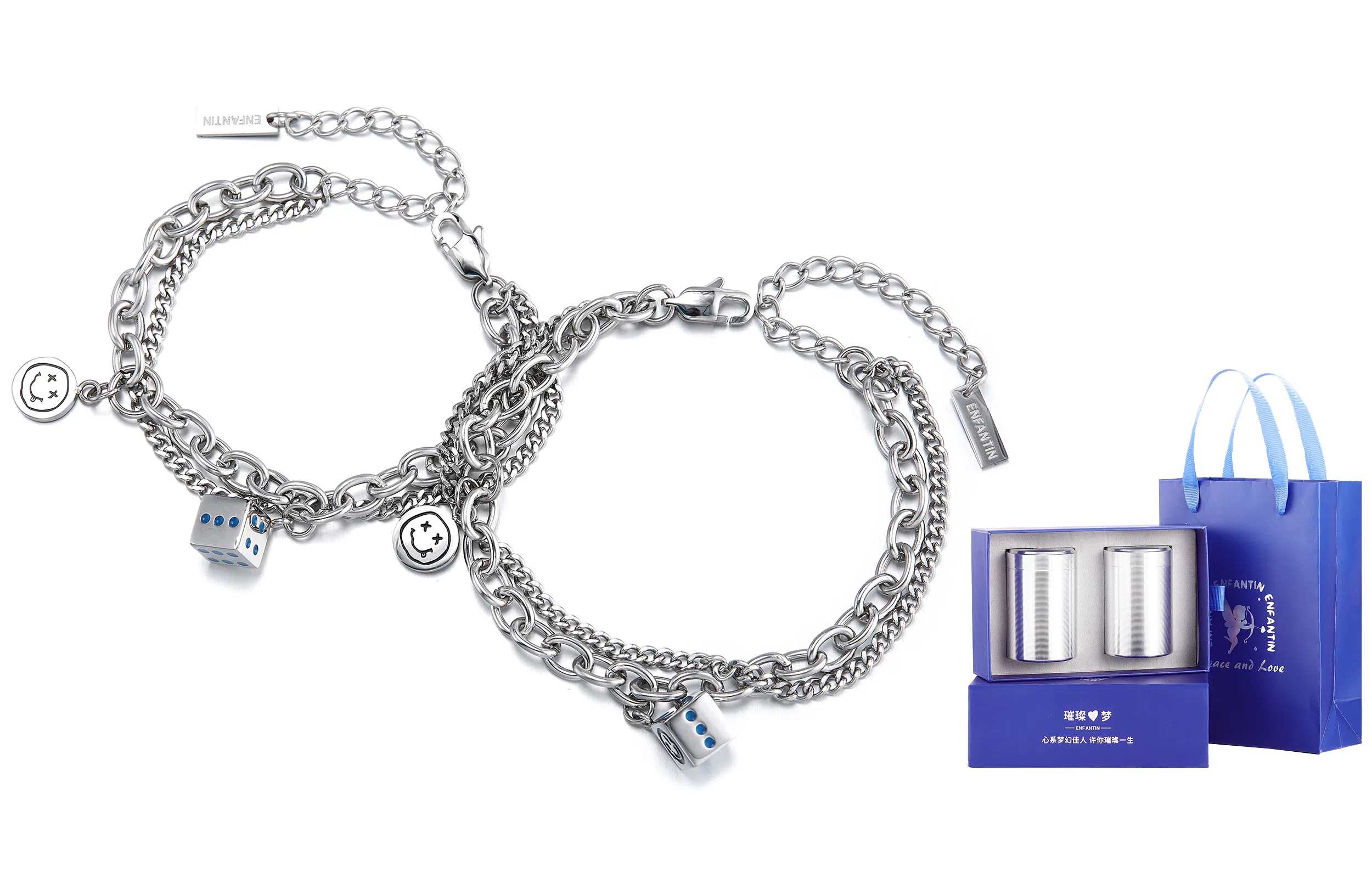 ENFANTIN Classic Dice Couple Bracelet Y2K Titanium Steel Silver Adjustable Double Layer