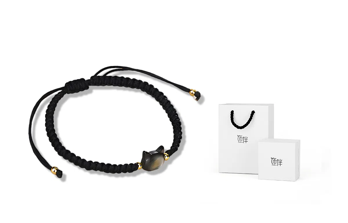 饰伴 偏爱系列 原创设计平安扣平安圈手链精致复古情侣手链一对转运珠编织手绳 可调节黑色