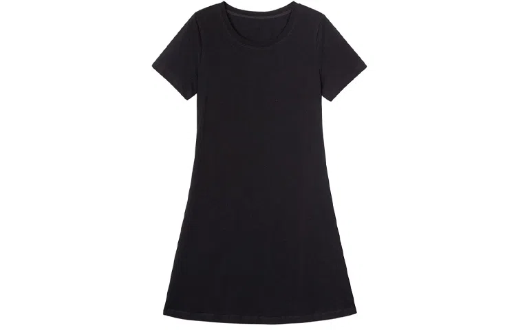 小镇姗姗 纯色圆领宽松套头短袖连衣裙