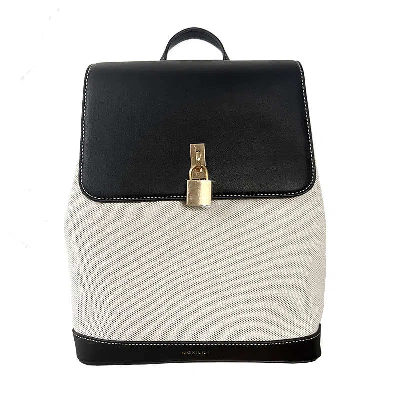 莫西里里 时尚通勤出游旅行高级感 帆布 书包背包双肩包 中号 女款 黑金色