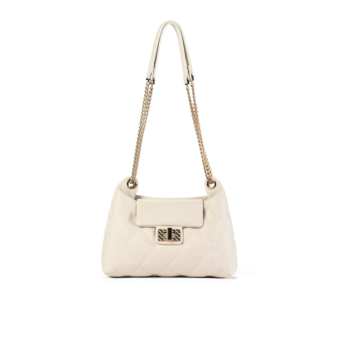 稻草人 秋冬流行百搭小众高级质感五金链条 聚氨酯 菱格包单肩斜挎包 女款 黑色米白