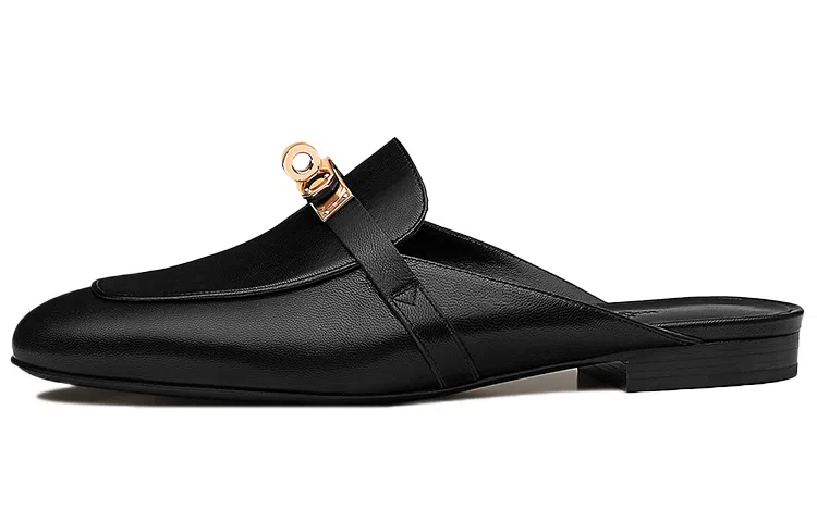 Hermes Oz Lambskin Logo Slip-On Mules Black