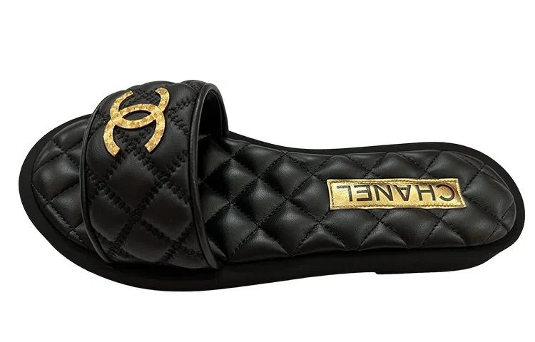 CHANEL Leather Open Toe Flat Sandals Black