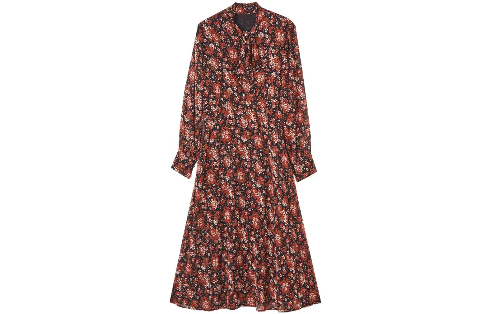 【dme】法式飘带领收腰显瘦碎花长袖连衣裙 红色