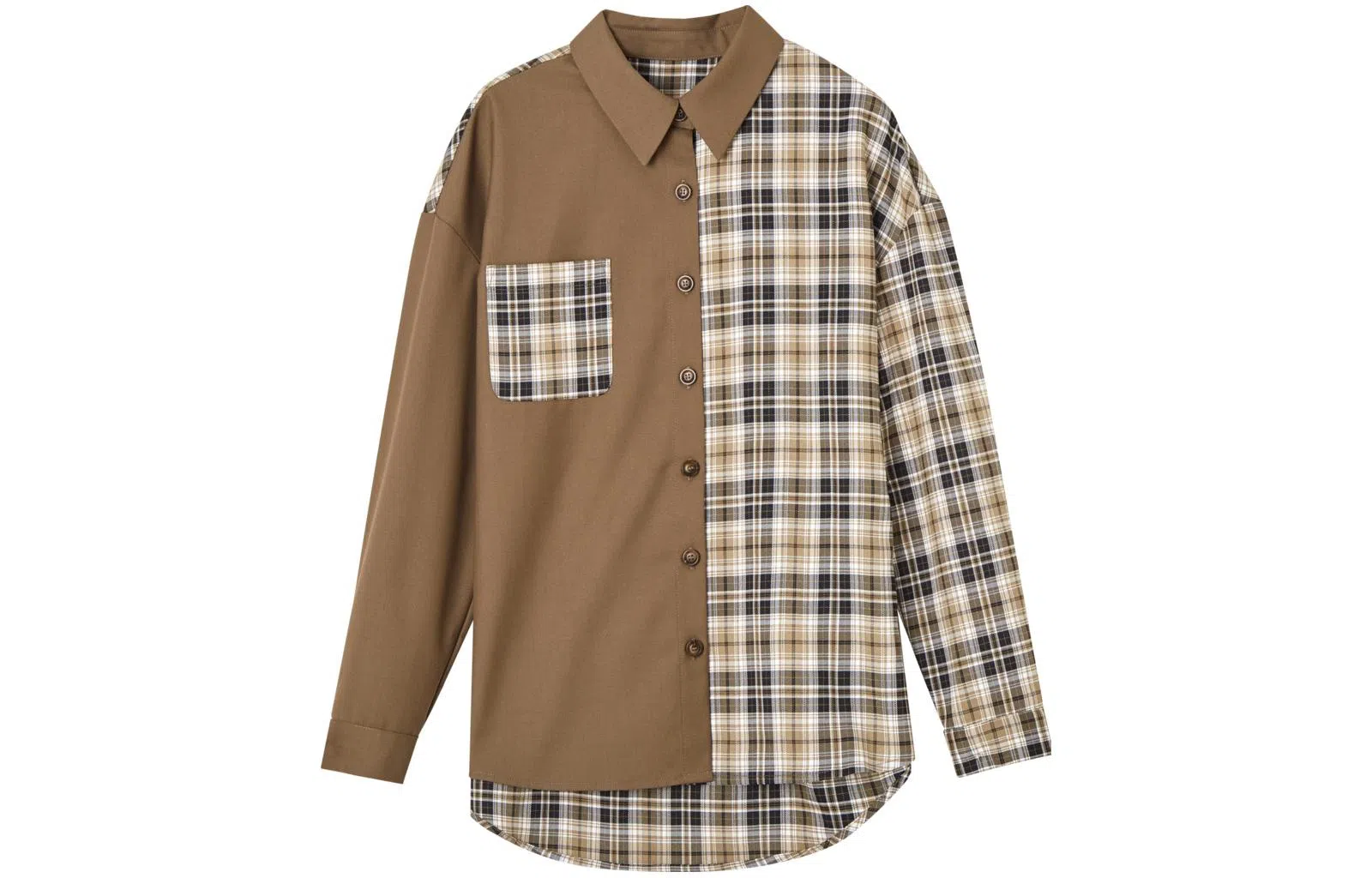 【dme】 拼接撞色格子长袖衬衫 女款 咖啡色