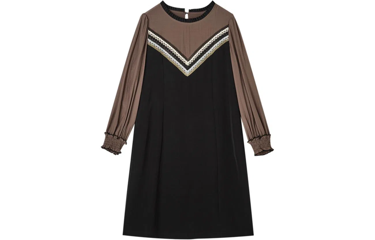 【dme】休闲圆领拼接中腰长袖连衣裙 黑色