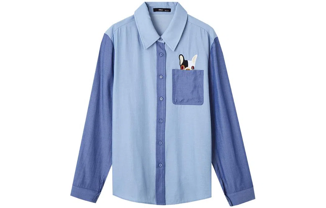 【dme】卡通刺绣拼色长袖衬衫 女款 浅牛仔蓝