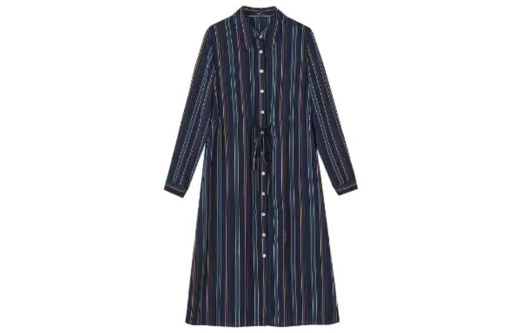 【dme】 翻领复古简约条纹长袖连衣裙 藏青色