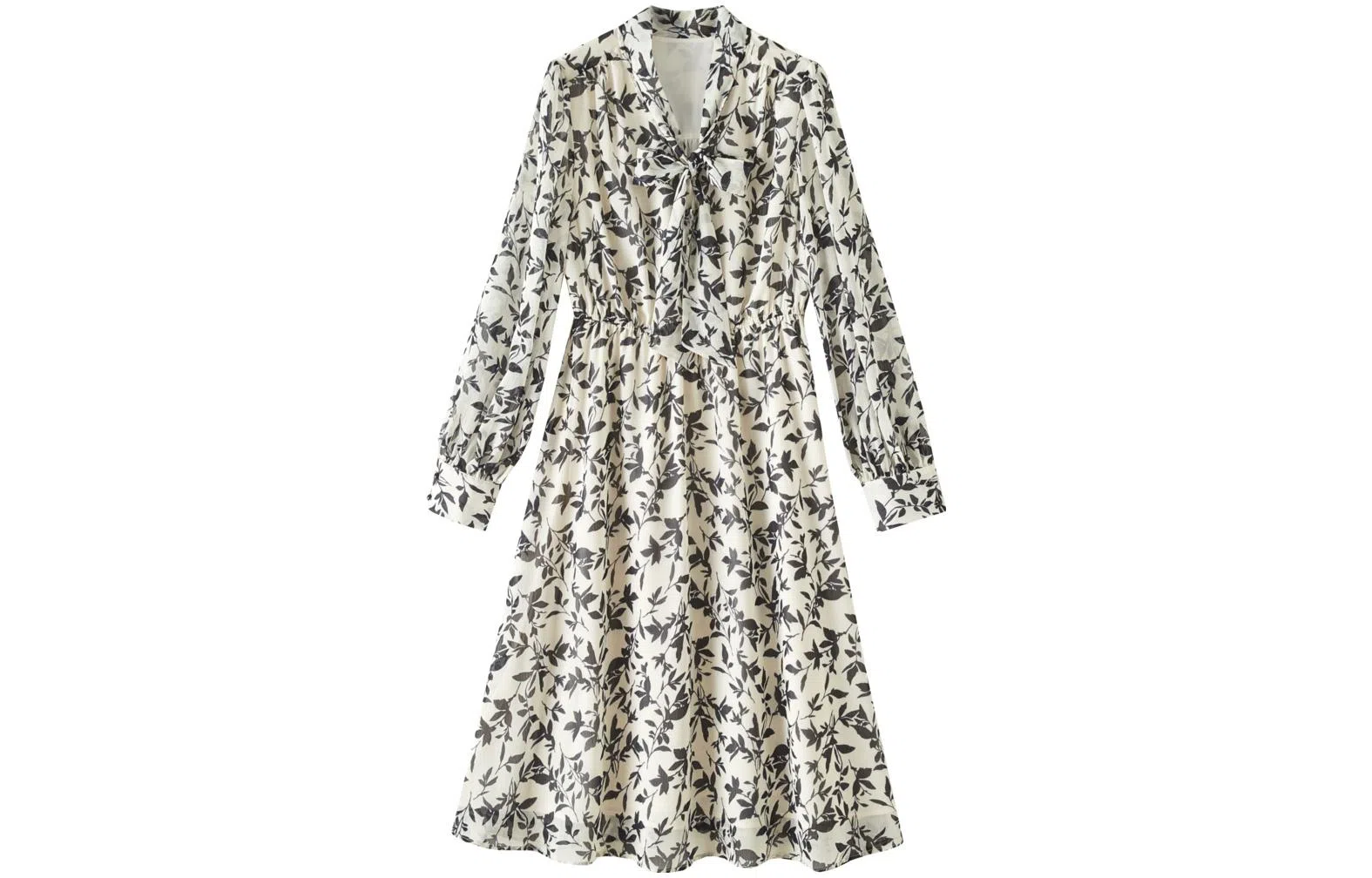 【dme】 植物图案满印高腰长袖连衣裙 黑色