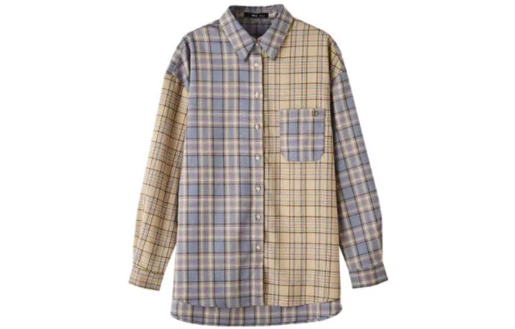 【dme】 宽松格子拼接长袖衬衫 女款 卡其