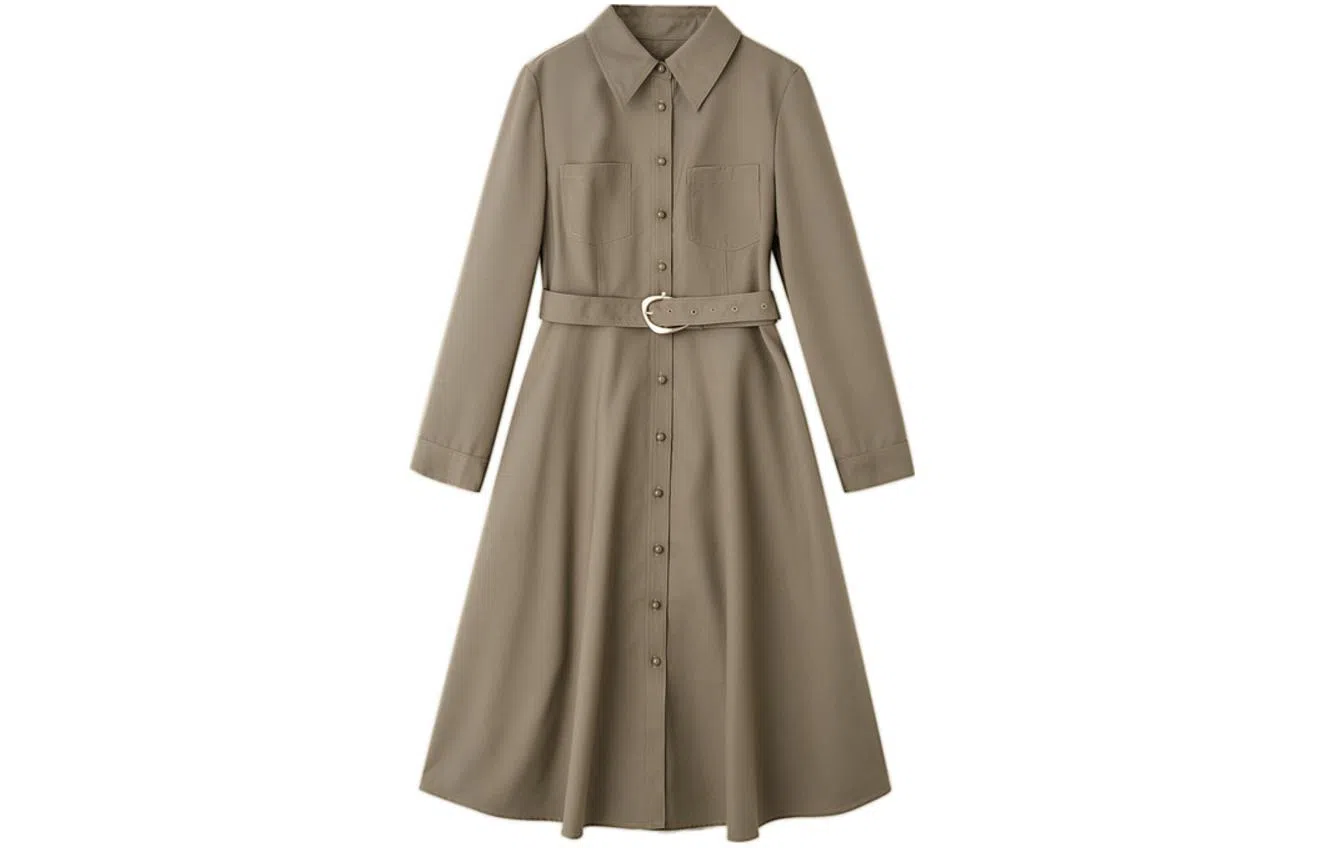 【dme】 纯色休闲简约翻领长袖连衣裙 深卡其