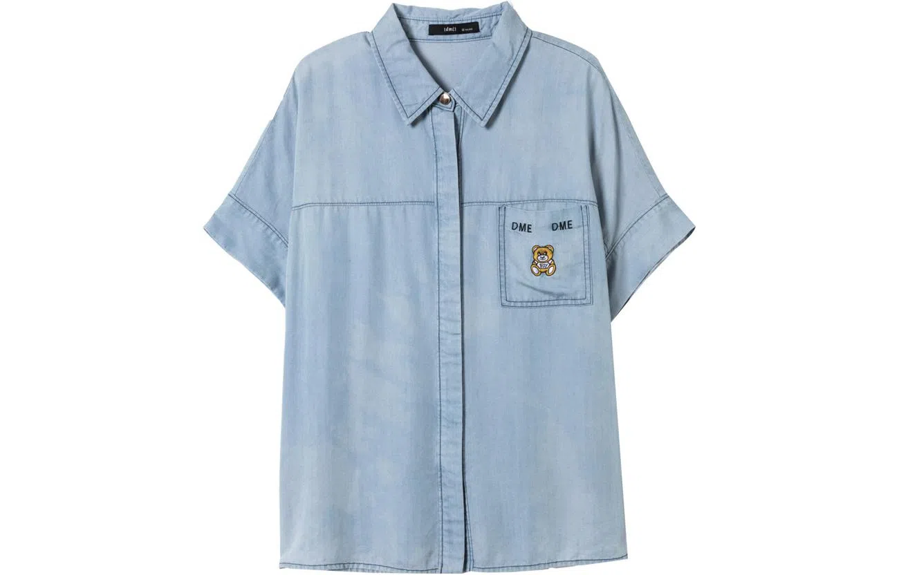 【dme】 尖领字母刺绣短袖衬衫 女款 浅牛仔蓝
