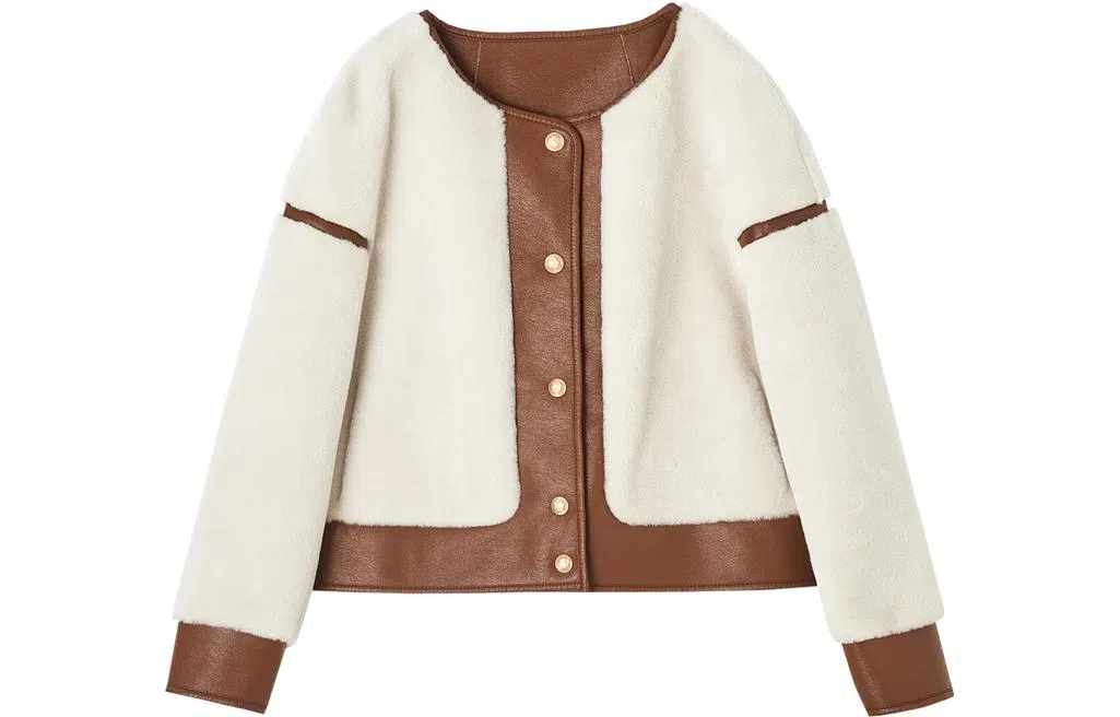 【dme】 圆领拼接单排扣设计绒感外套 女款 米白