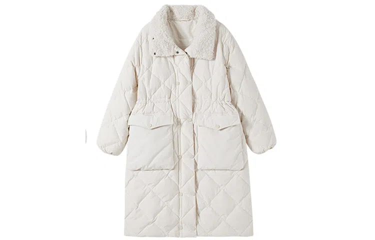 花栗鼠小姐 纯色中长款收腰菱形格羽绒服 女款