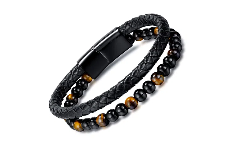 肯默钛钢双层手链 朋克风手环 编织皮 简约磁吸开口 男款  黑色