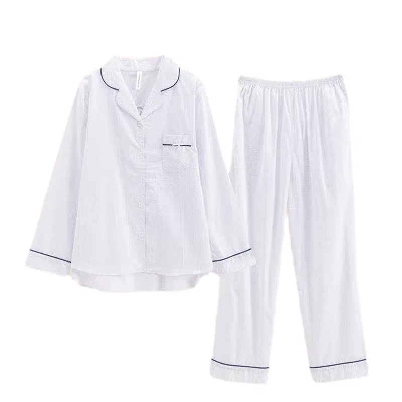 芬腾 纯棉长袖开衫睡衣 春秋季纯色家居服套装 女士