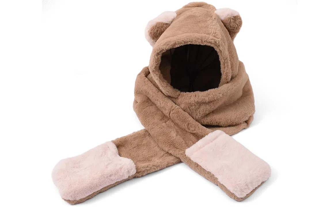 优幽兰 百搭时尚毛绒帽东北加厚帽子围巾手套一体防风防寒拼色针织帽保暖高级感休闲 围巾 女款