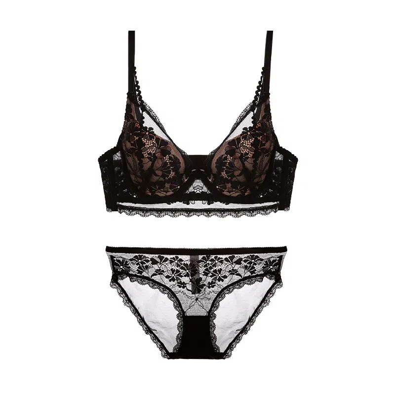 内在密码 大胸显小薄款聚拢内衣女法式蕾丝防下垂轻薄透气内衣裤套装