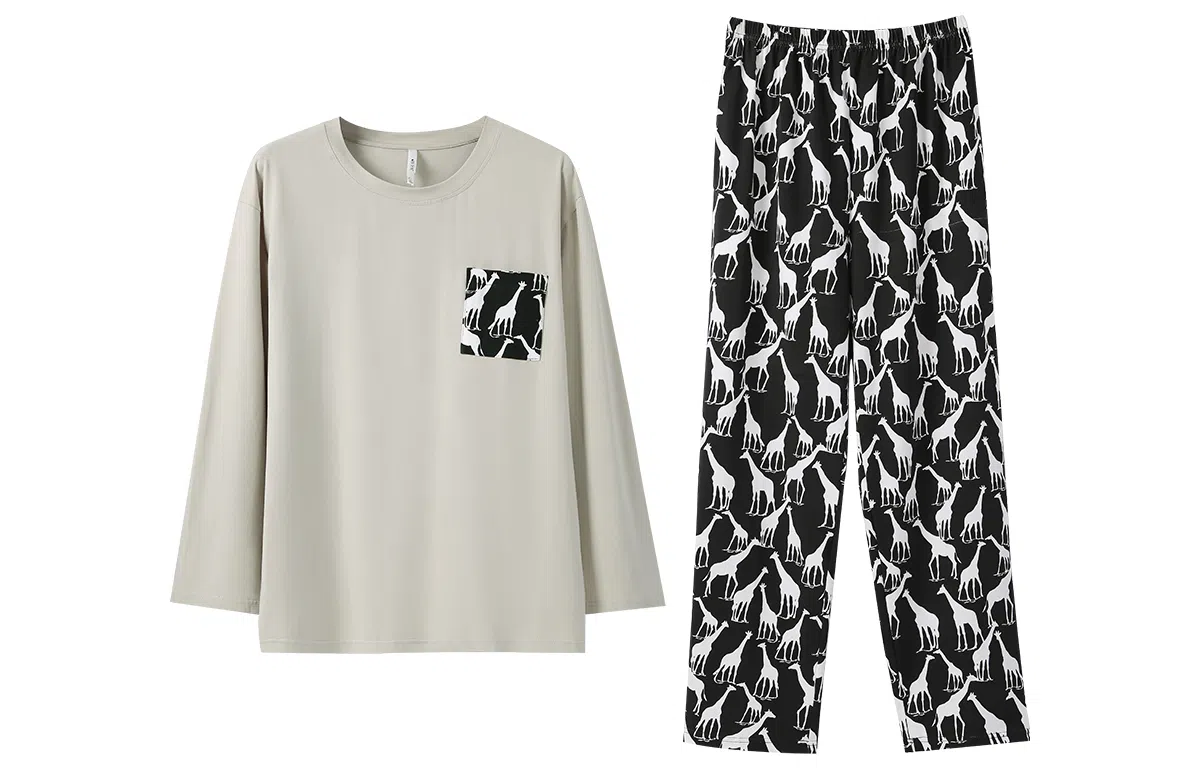 安之伴 春秋睡衣长颈鹿印花宽松休闲圆领长袖长裤家居套装 男款