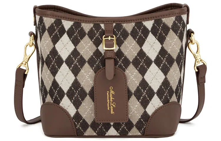 马莎兰缇 时尚菱格撞色小众设计通勤出行 帆布拼合成革 水桶包斜挎包 小号 女款 啡色