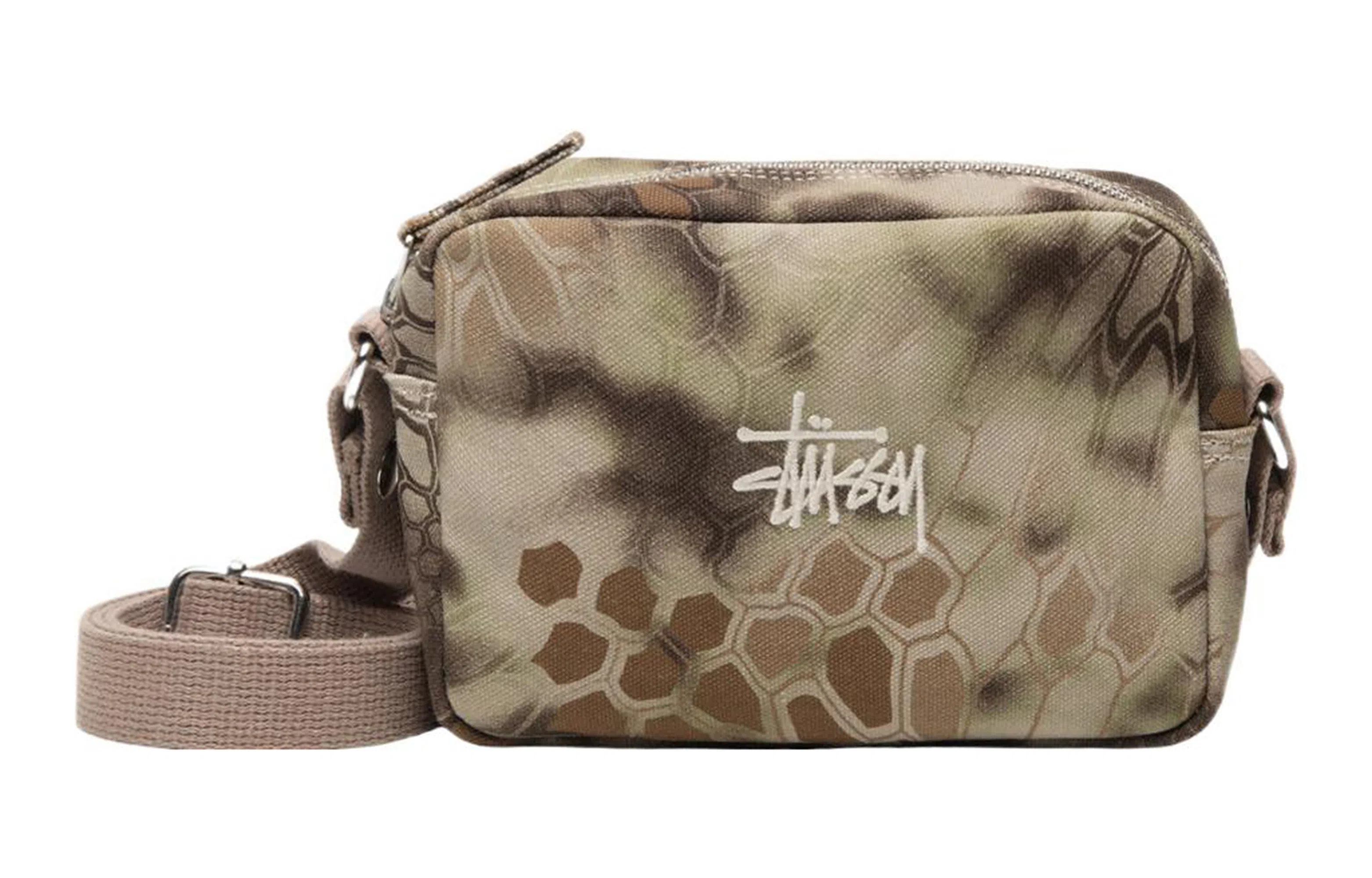 Stussy Logo Embroidered Zipper Shoulder Bag Brown Multicolor