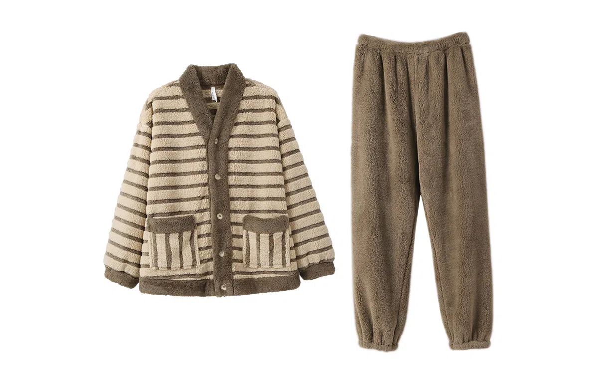 安之伴 冬季睡衣保暖双面绒锁温暖感条纹开衫家居套装 男款