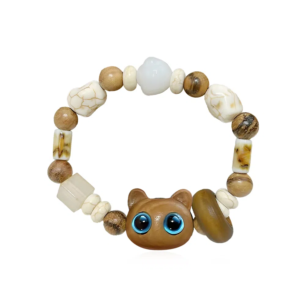 饰伴 新中式萌趣爱恋小众设计感 呆萌猫咪串珠 复古 立体造型创意手饰 贝壳 手串 男女同款情侣款
