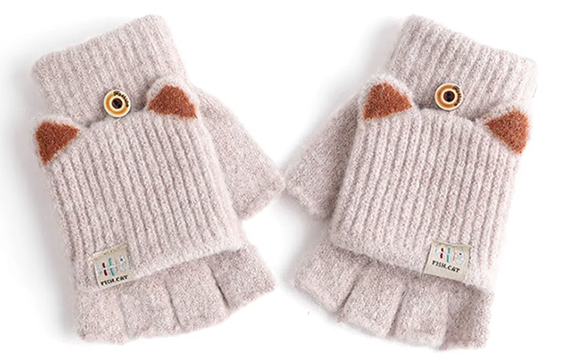 优幽兰 毛线可爱露指翻盖防风防寒骑车电瓶车 实用保暖上课写字实用 学生通勤 设计感小众护手 绒线手套 女款