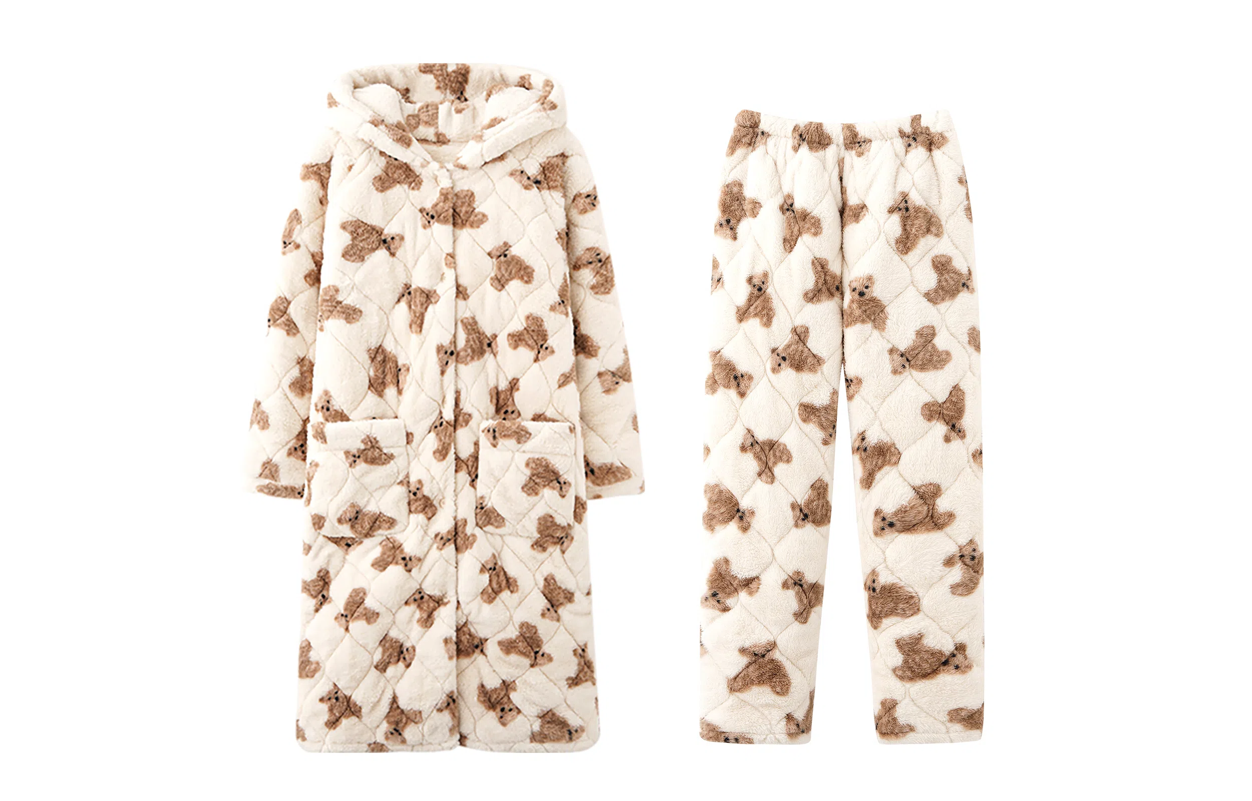 热妒 睡衣女冬季珊瑚绒三层夹棉睡袍可爱小熊保暖加绒加厚家居服可外穿 家居套装  女款