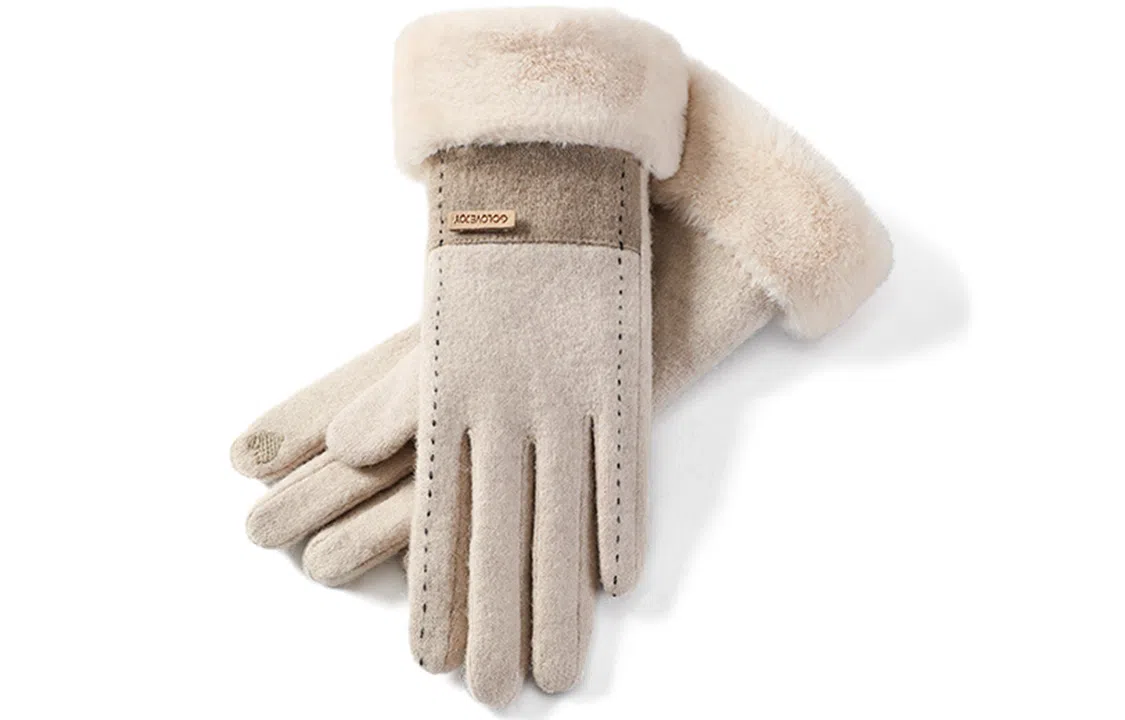 优幽兰 毛边保暖纯色分指触屏防风防冻防寒旅游开车骑车通勤随身便携 设计感小众闺蜜穿搭 绒线手套 女款