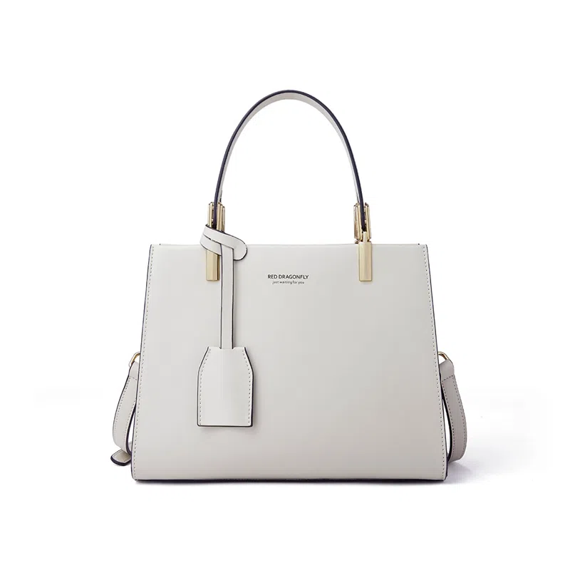 红蜻蜓 真皮时尚潮流拉链开合 牛皮 斜挎单肩包手提包 中号 女款 米白色