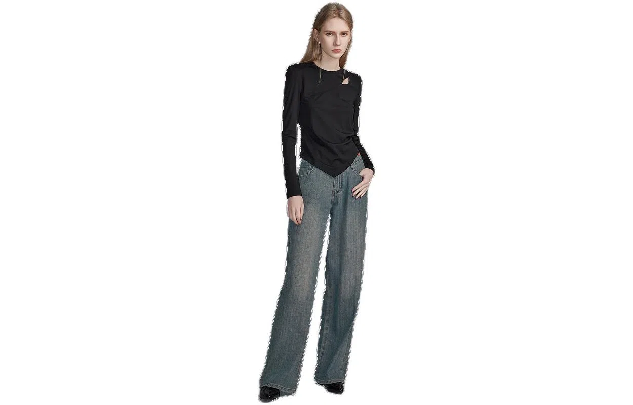 【dme】 纯色直筒高腰休闲牛仔裤 女款 中牛仔蓝