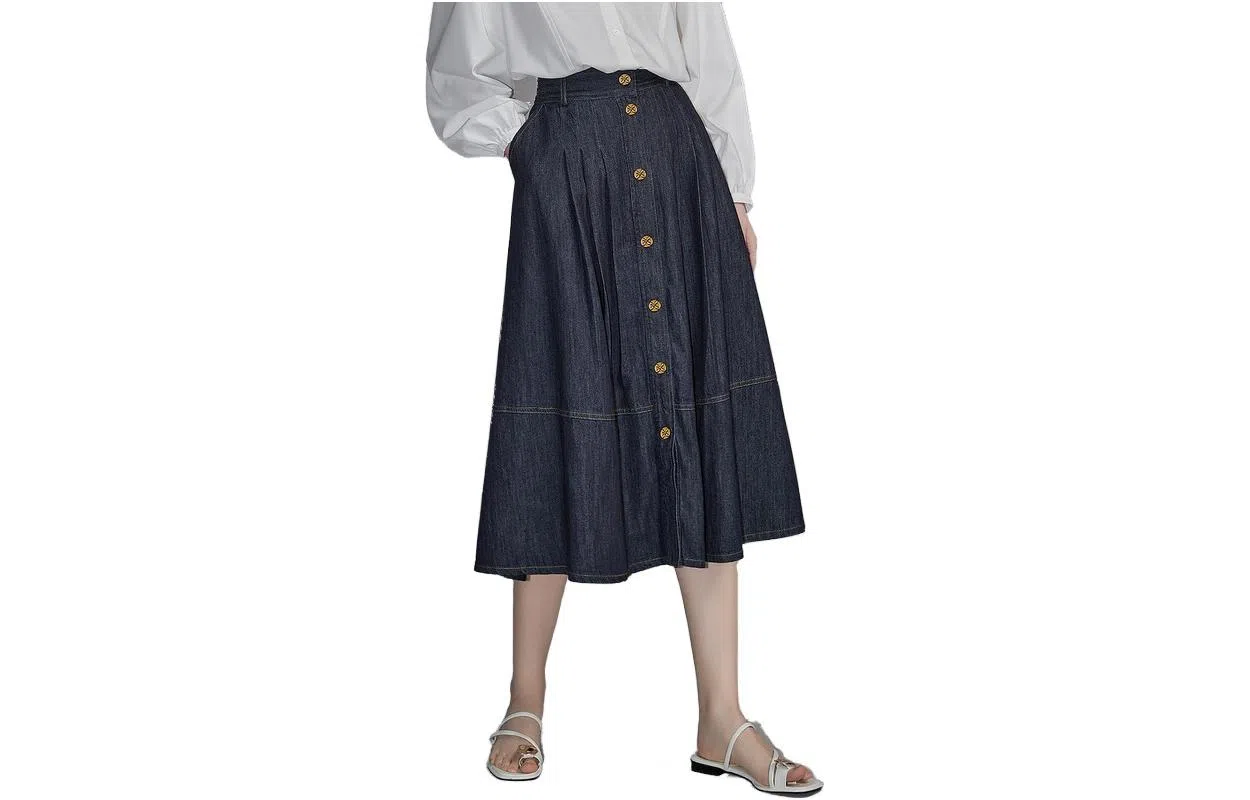 【dme】 休闲纯色复古中腰牛仔长裙 深牛仔蓝