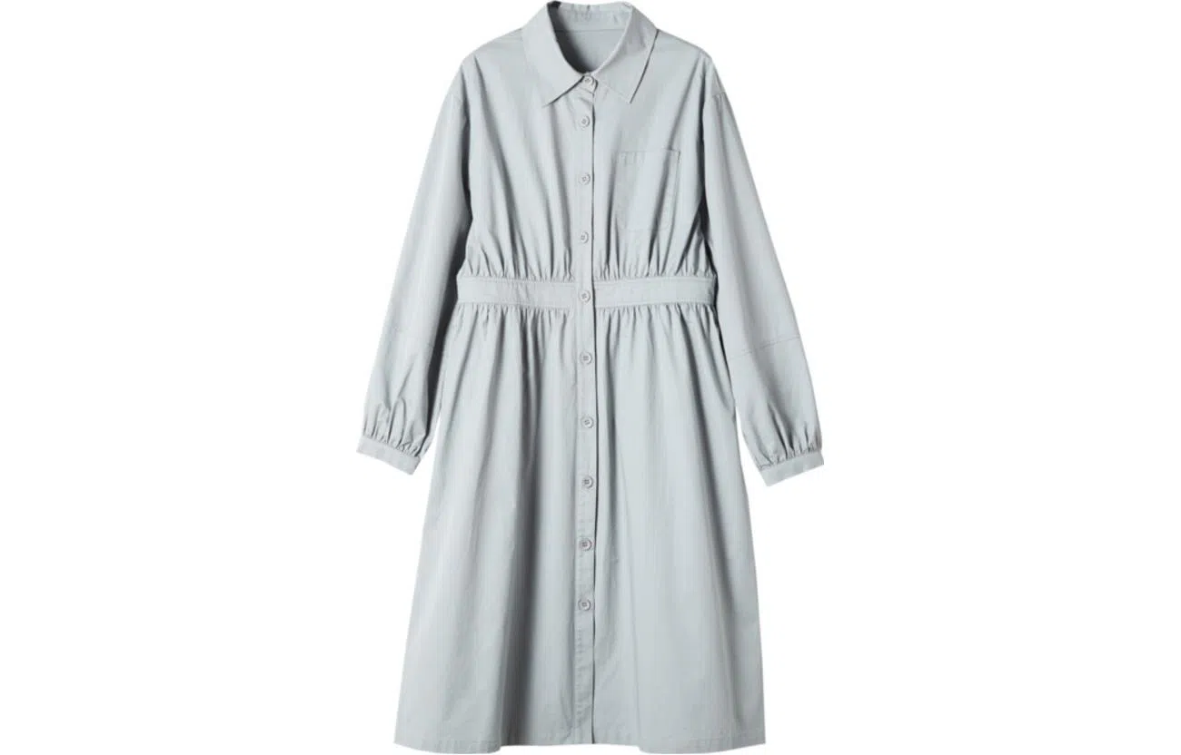 【dme】 优雅新款翻领简约基础宽松长袖连衣裙 水蓝