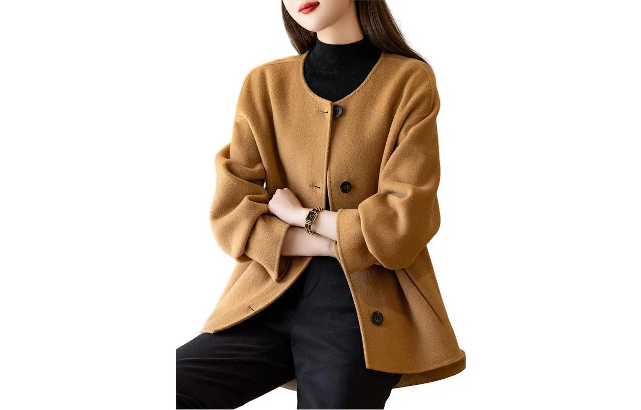 【dme】 纯色圆领短款单排扣长袖大衣 女款