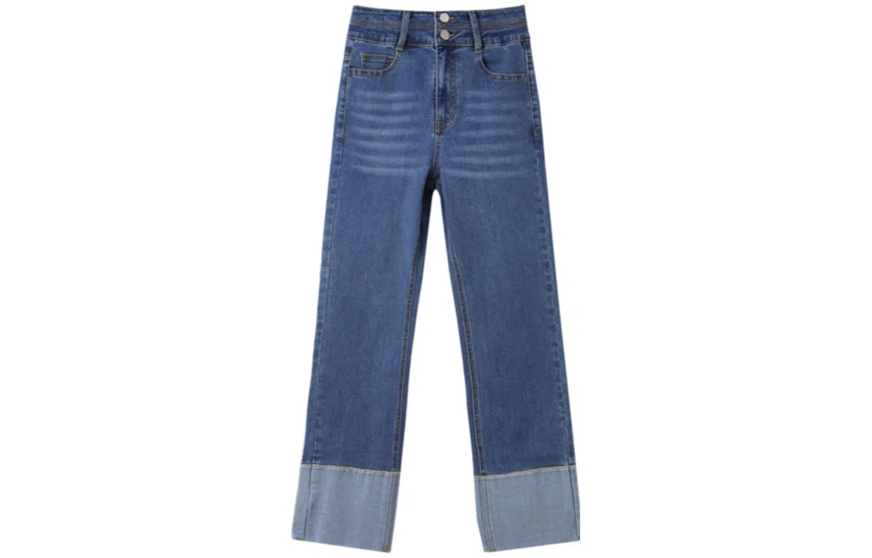 【dme】 翻边设计感高腰直筒牛仔裤 女款 中牛仔蓝